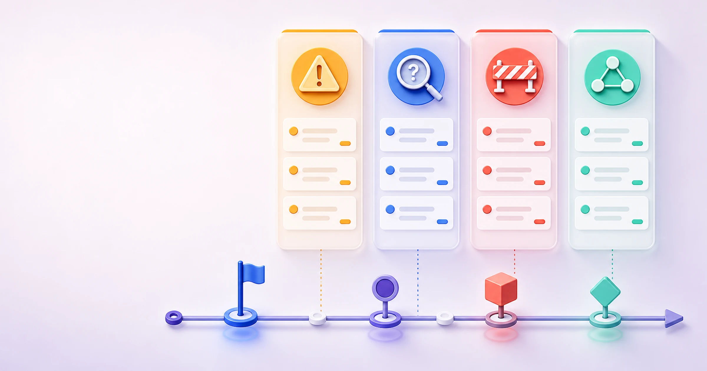 RAID register with four visual columns for risk, assumption, issue, and dependency above a project timeline