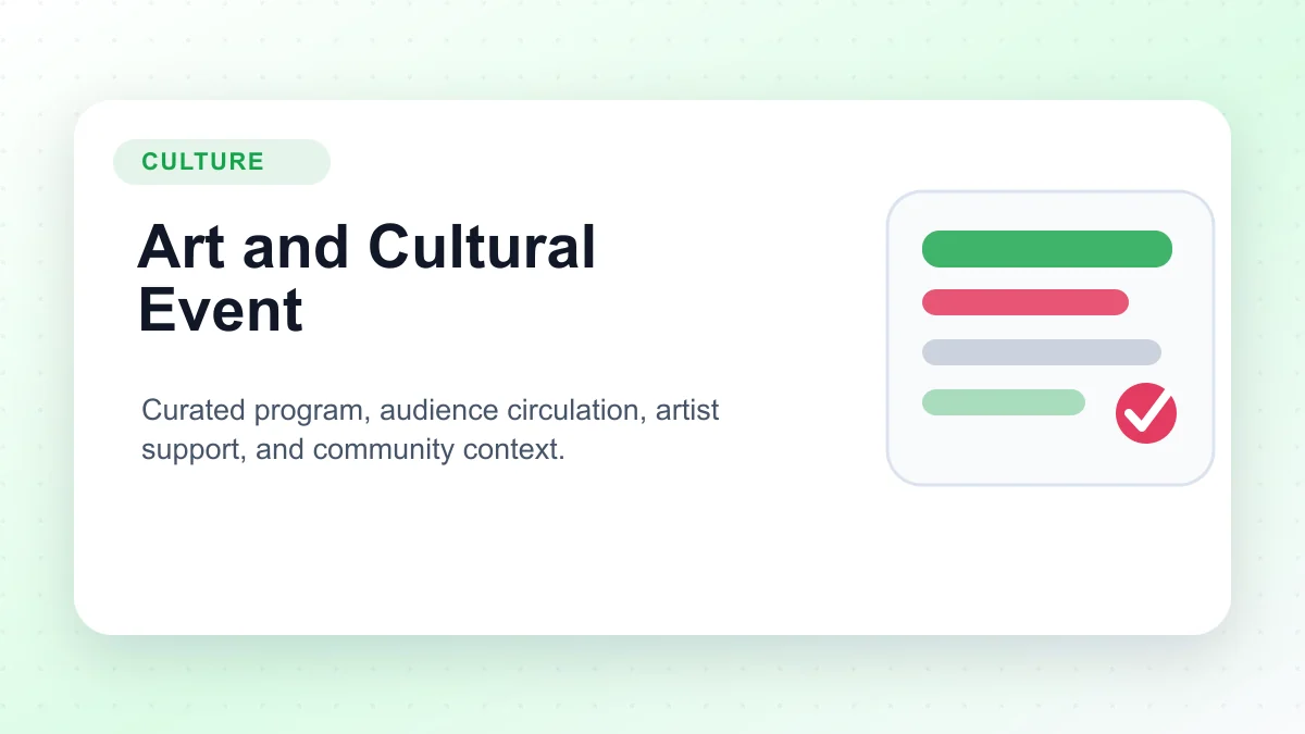 Art and cultural event program with curated sessions, audience circulation, and artist support