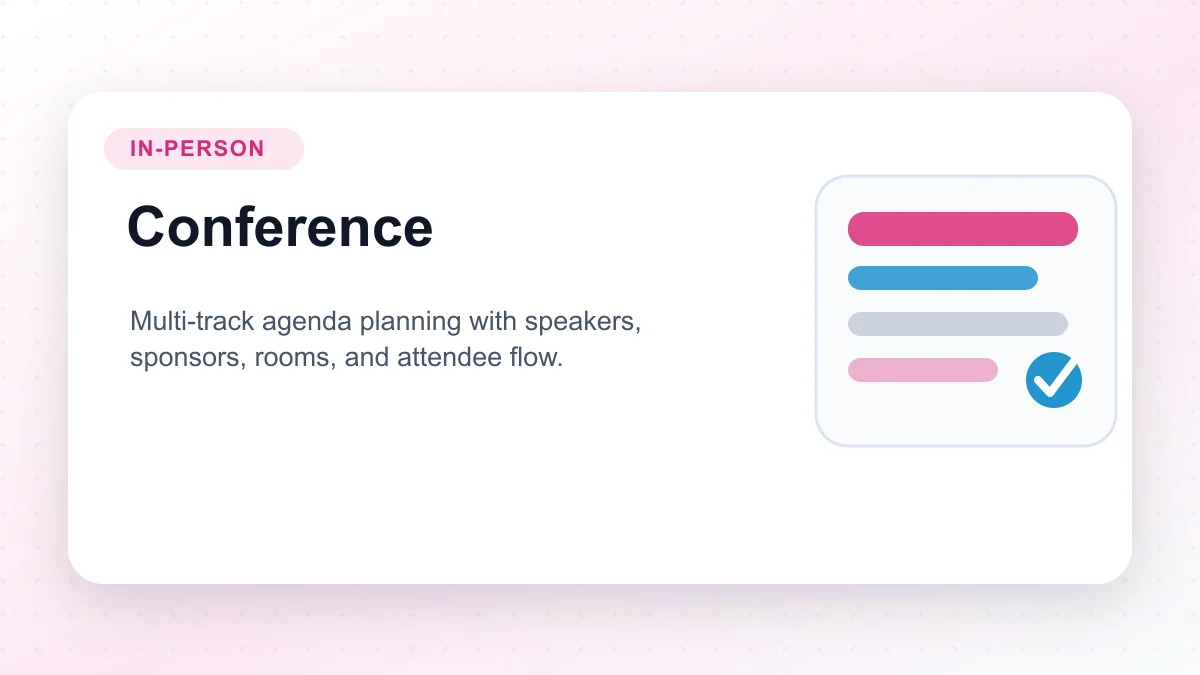 Conference planning board with speakers, agenda tracks, sponsors, and attendee flow