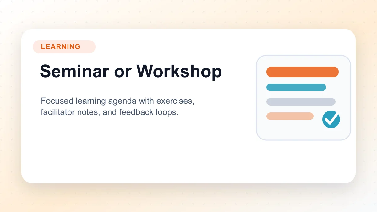 Seminar and workshop agenda plan with exercises, Q&A, and feedback notes