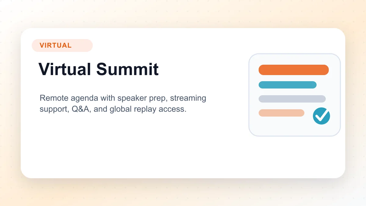 Virtual summit program with speaker prep, streaming support, Q&A, and replay access