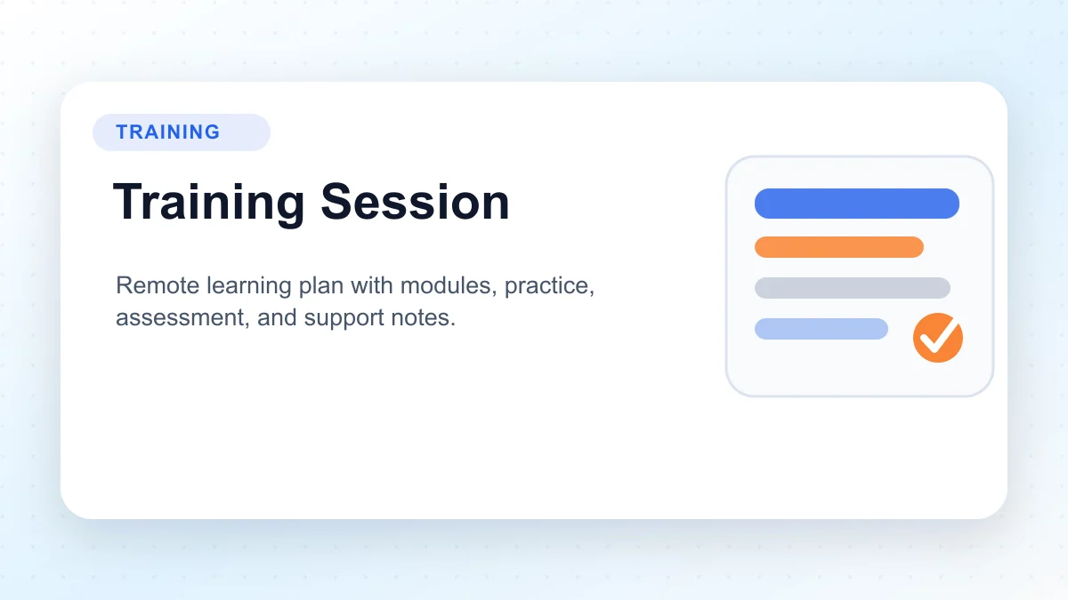 Virtual training session plan with modules, practice, assessment, and support notes