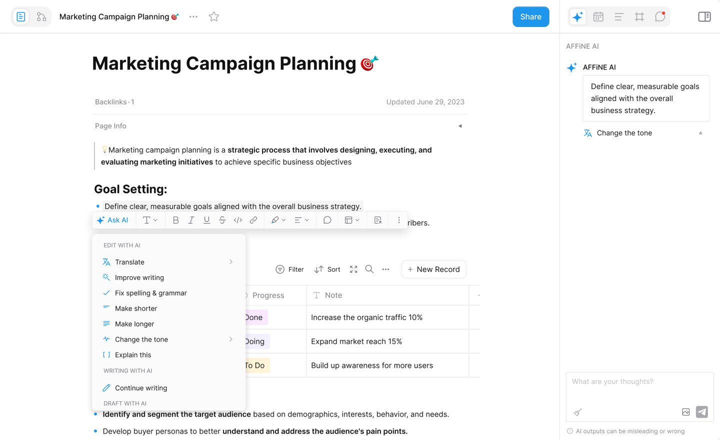 AFFiNE AI writing workspace showing an AI suggestion panel beside a structured project planning document