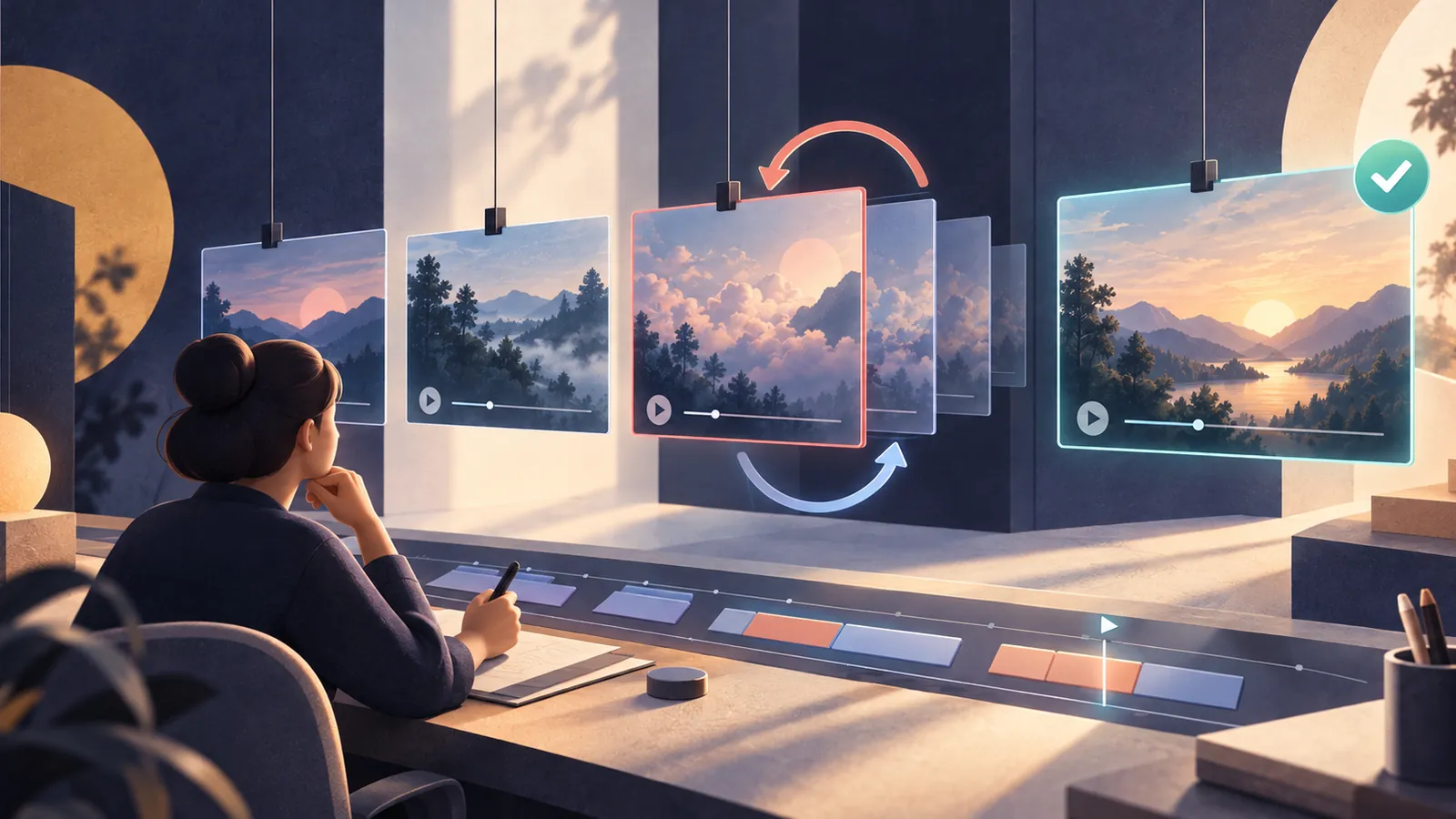 A human creative lead reviewing AI-generated scenes and guiding revisions before final video approval