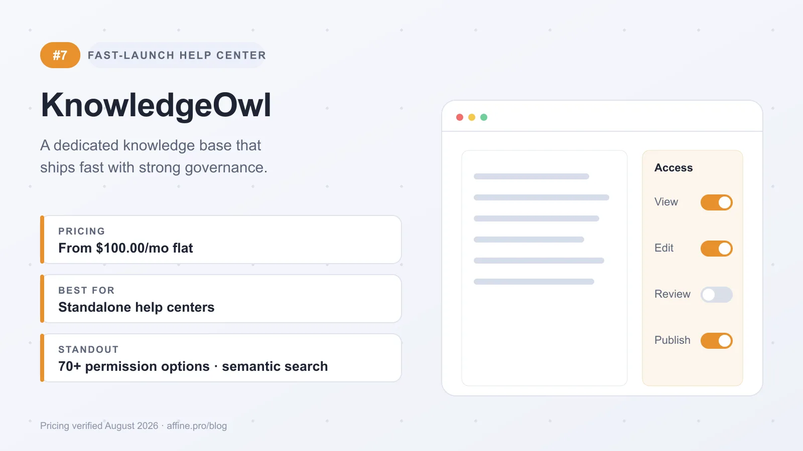 KnowledgeOwl overview card: fast-launch standalone help center with 70+ permission options and semantic search, from $100 per month flat