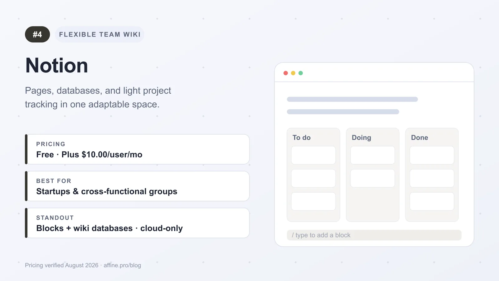 Notion overview card: flexible team wiki with pages, databases, and kanban views, free plan then from $10 per user per month
