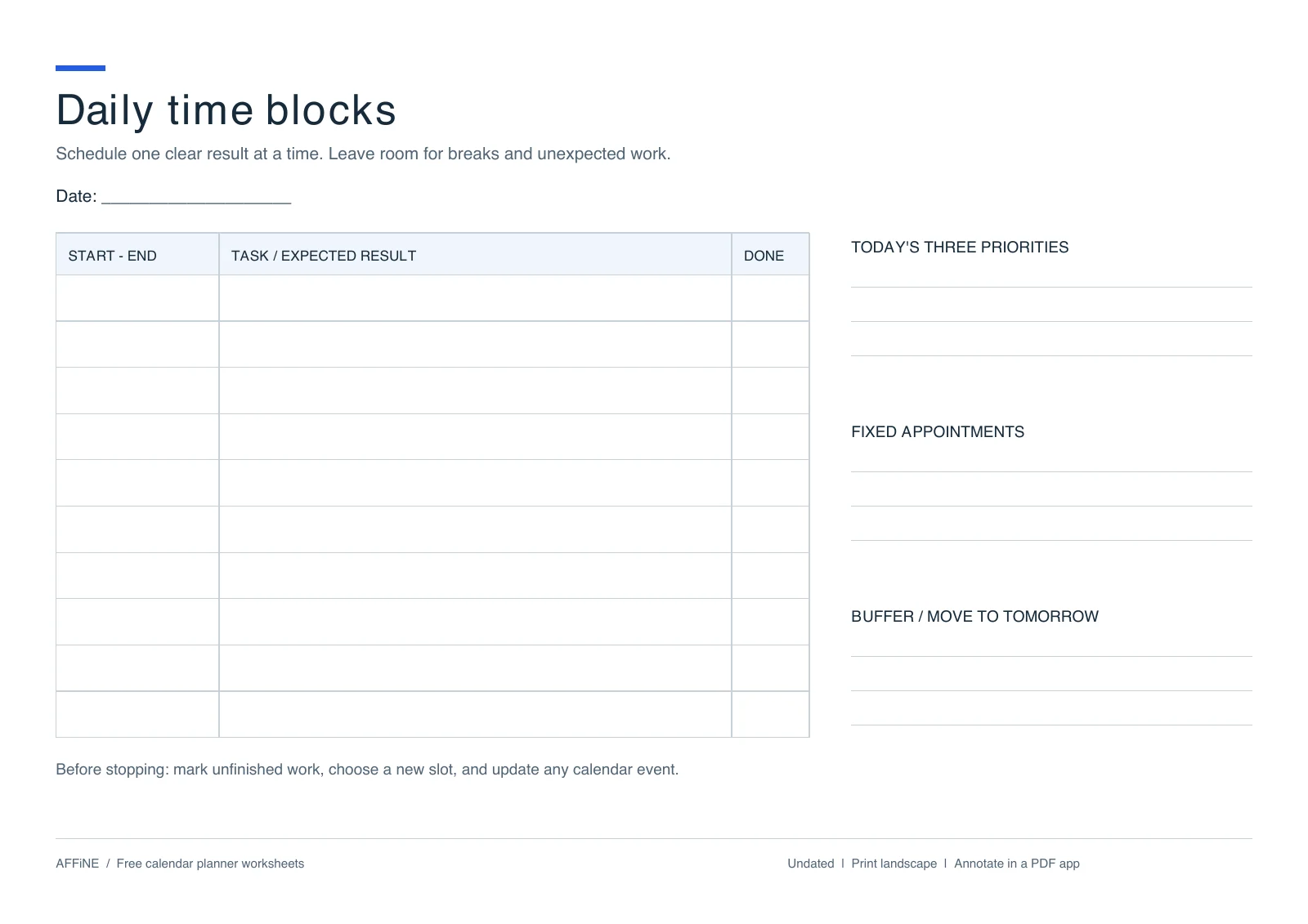 Daily time-blocking PDF with blank start and end times, expected results, completion boxes and three priorities