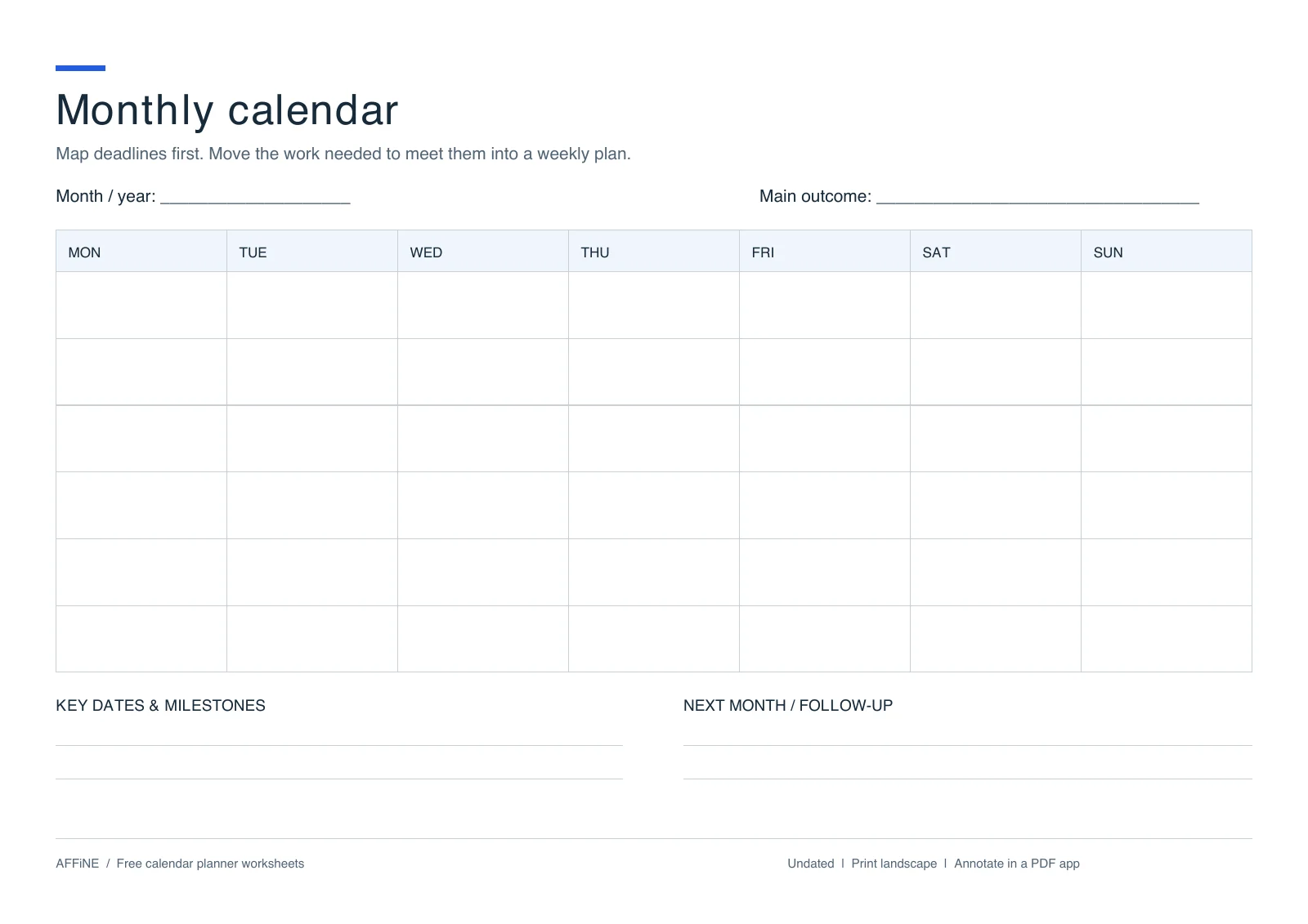 Undated monthly calendar PDF with a Monday-first six-week grid, key dates and follow-up notes