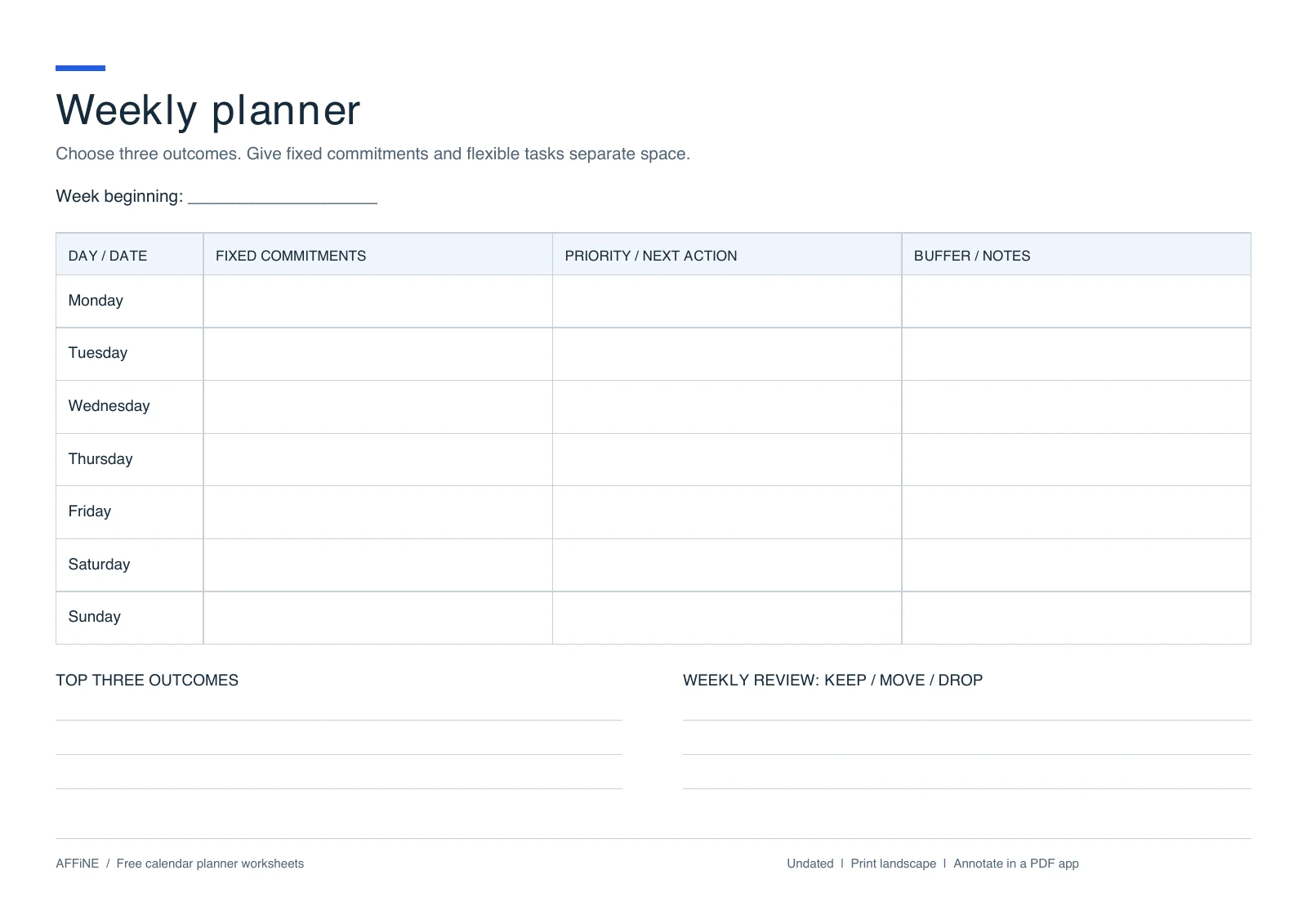 Weekly planner PDF with seven day rows and separate columns for commitments, priorities and buffer time
