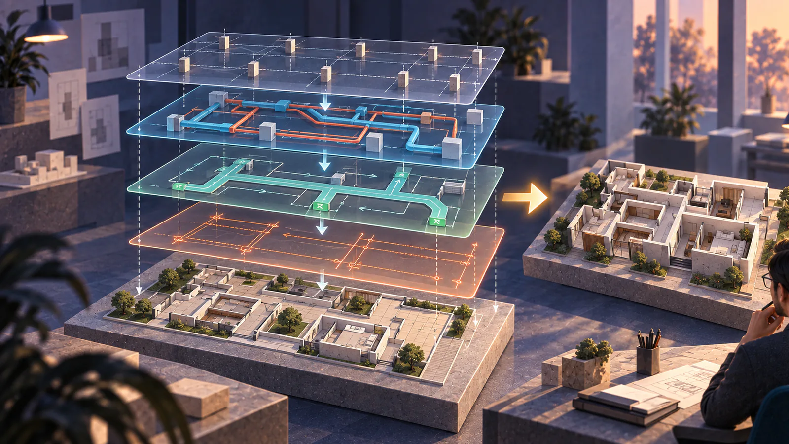 A concept floor plan gaining structural, service, access, and dimension layers for detailed design
