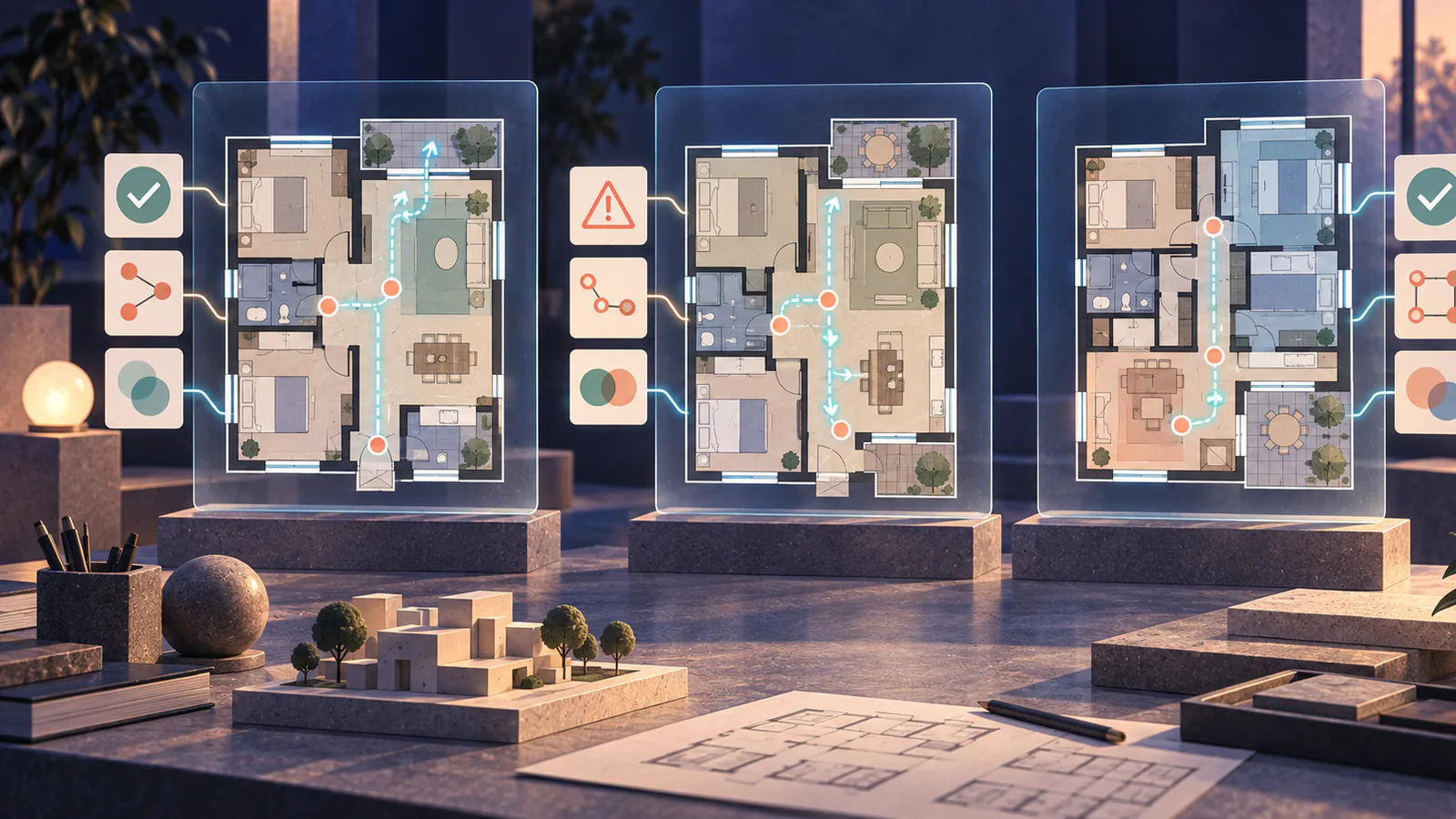 Three floor plan hypotheses compared through circulation and room relationships