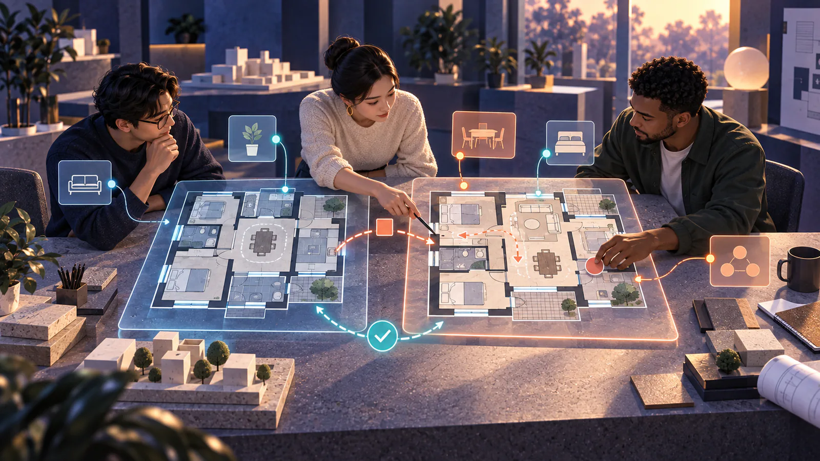 A project team comparing floor plan versions and communicating spatial tradeoffs