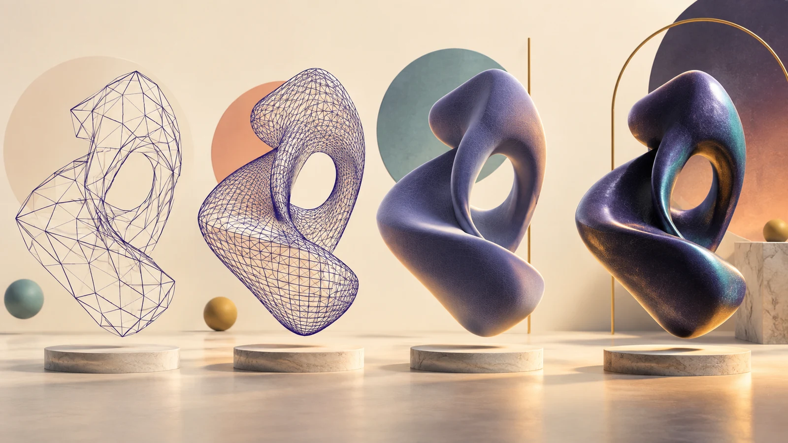 An abstract form progressing from polygon wireframe to shaded and fully rendered stages