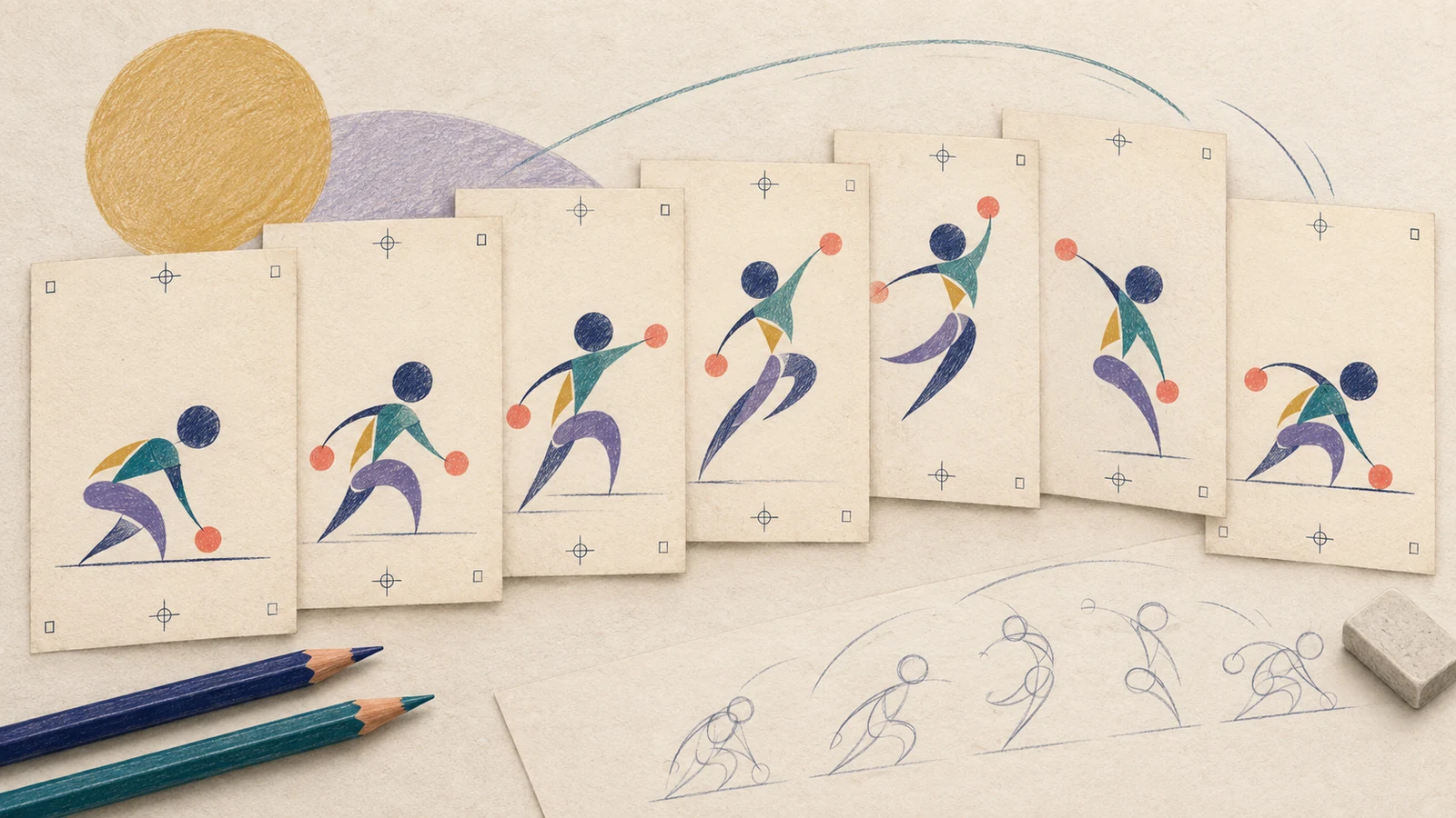 Sequential drawing sheets showing an abstract figure changing pose frame by frame