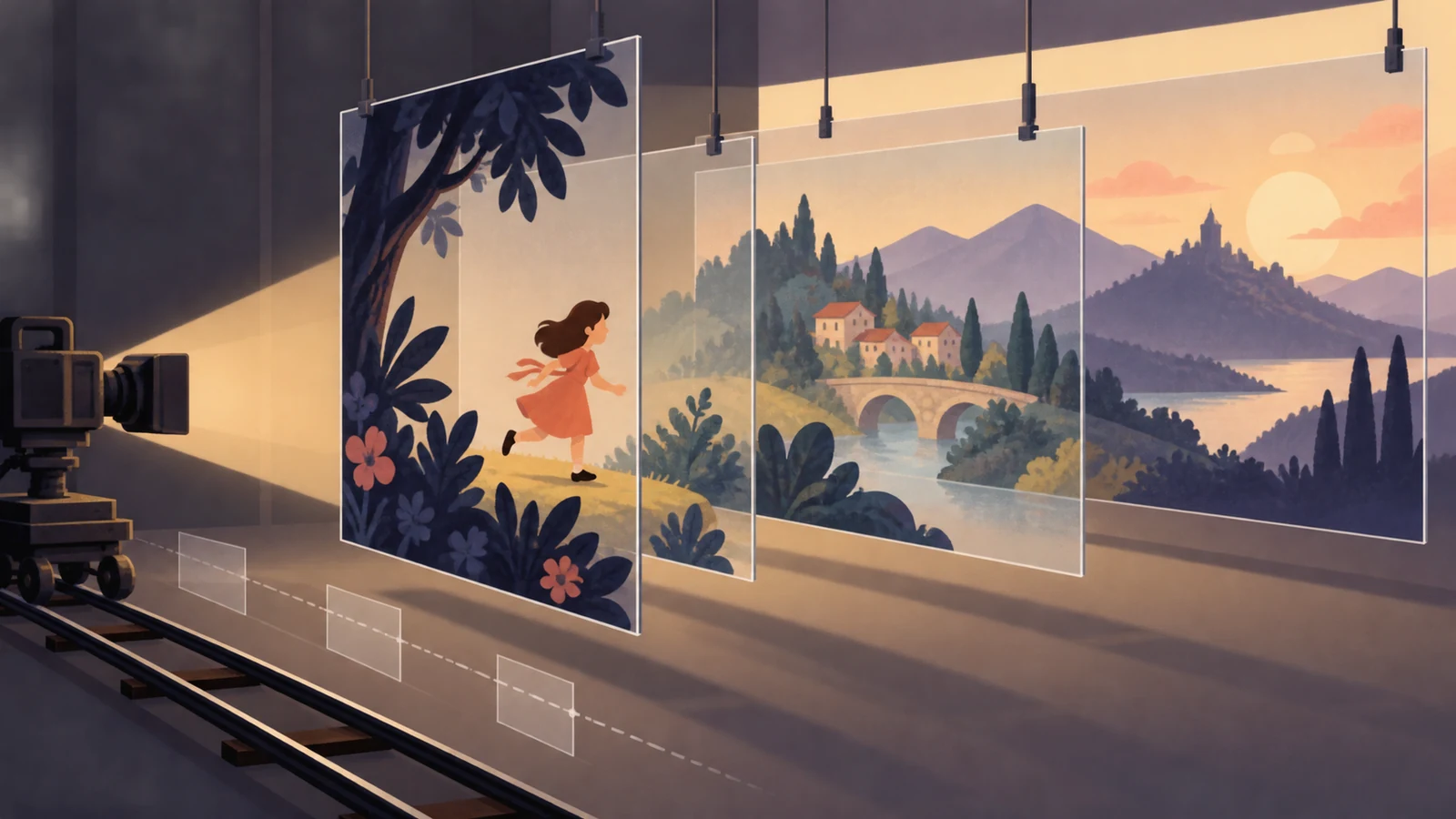 Transparent foreground, character, and background planes arranged above a camera path