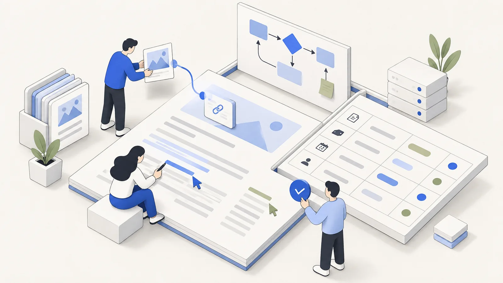 Three teammates writing, linking sources, and reviewing a shared document beside a table and process diagram