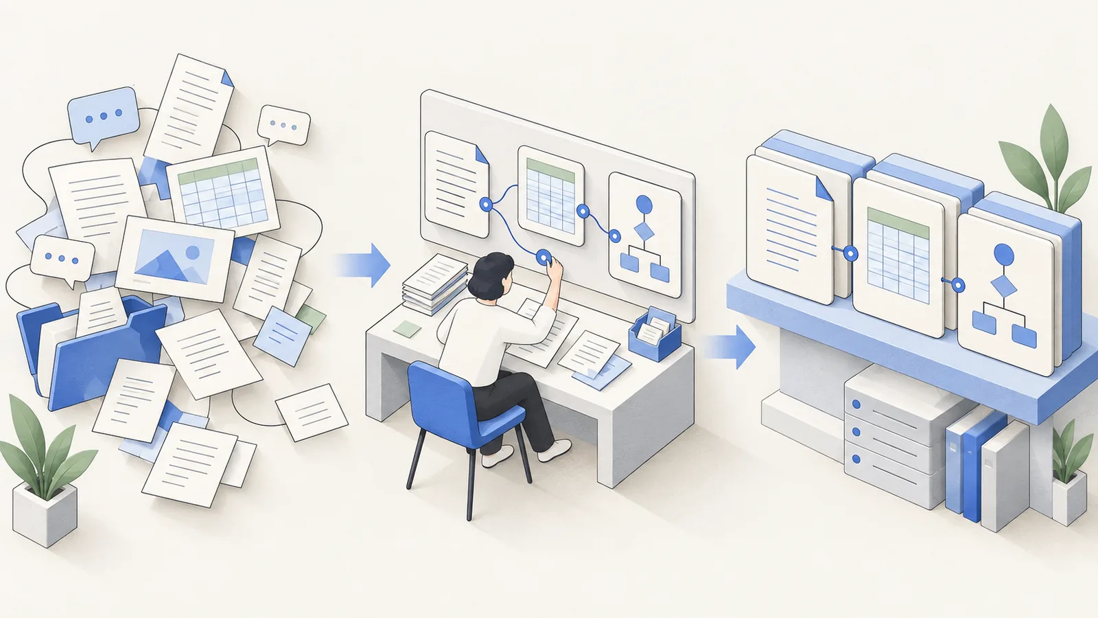Scattered documents, spreadsheets, and chat messages being curated into a connected knowledge library