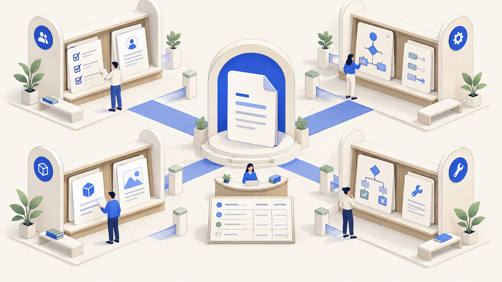 A central knowledge hub connecting onboarding, operating procedures, product information, and troubleshooting shelves