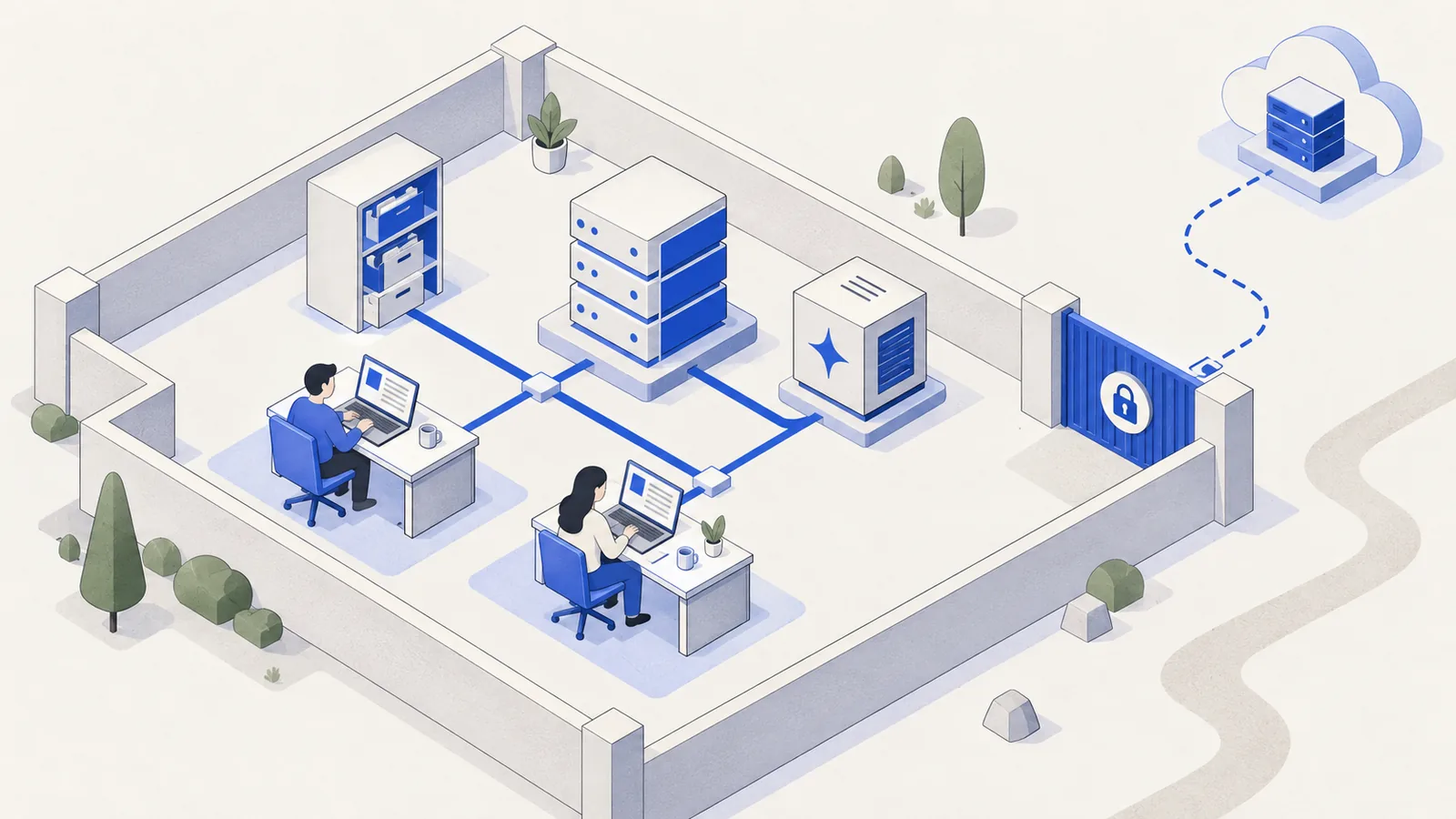 Employee devices, storage, and a local model inside a private infrastructure boundary, with an optional external service beyond a controlled gateway