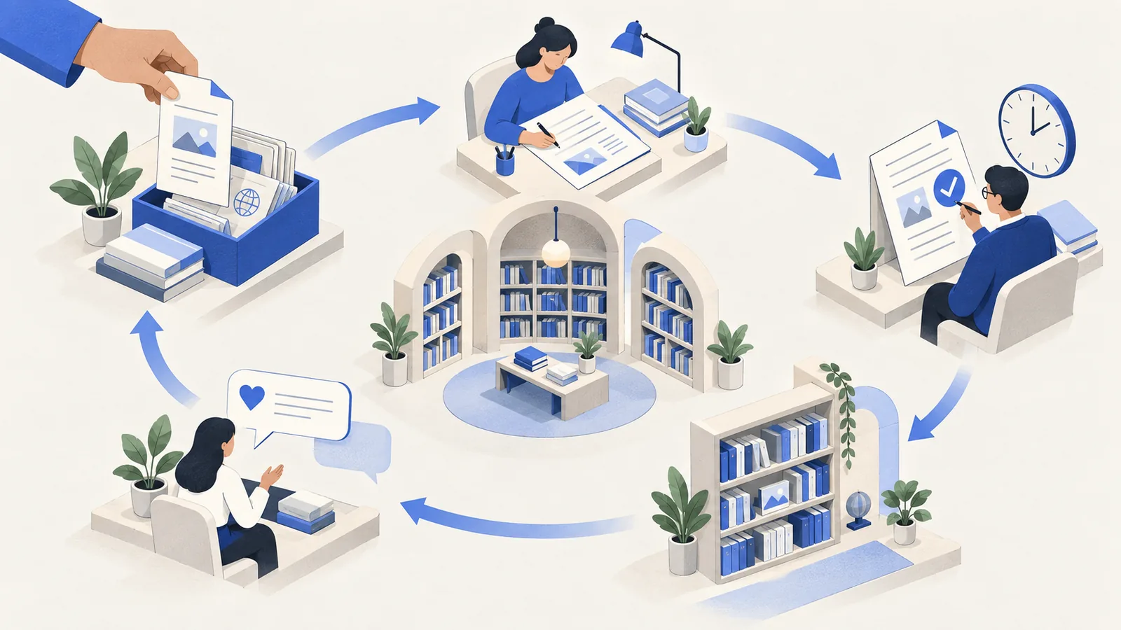 A circular workflow connecting source capture, writing, expert review, sharing, and reader feedback