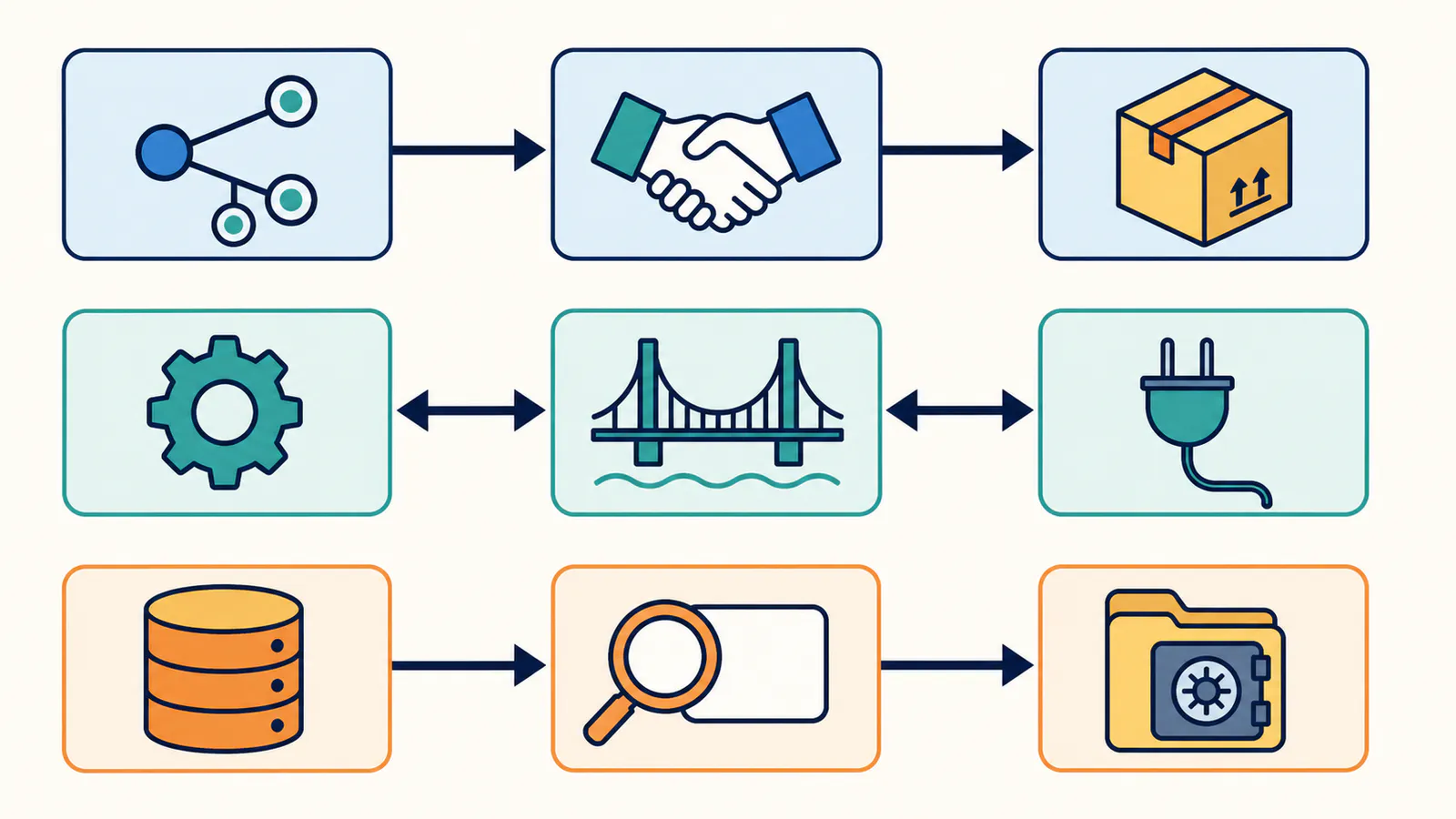 Connected protocol, API interface, and retrieval layers with separate responsibilities in an AI application