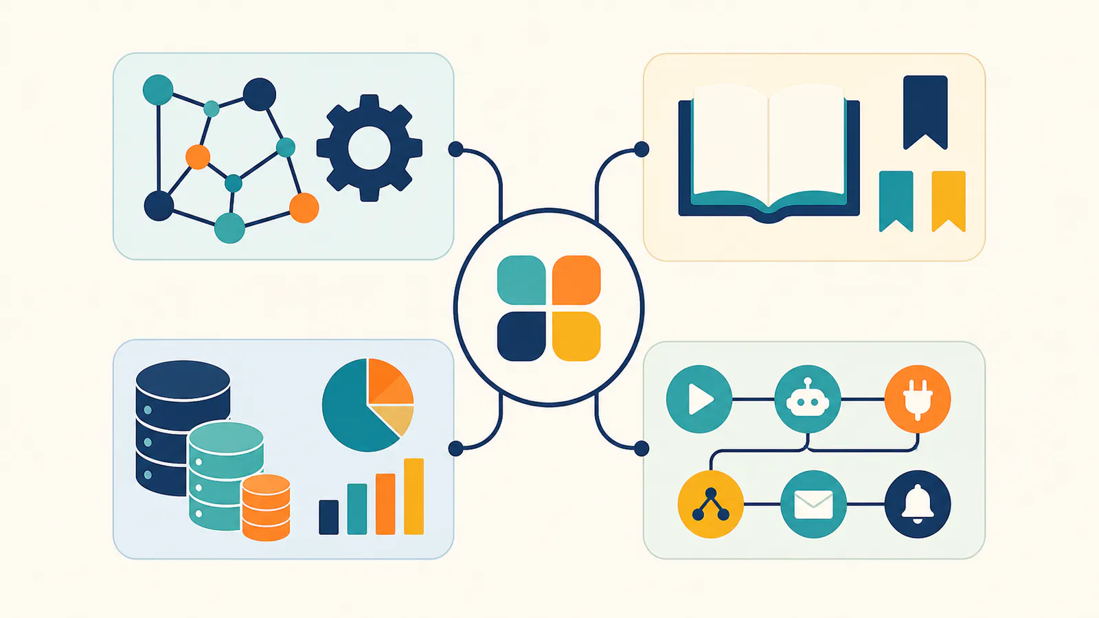 MCP server selection map branching into coding and development, knowledge and notes, communication and operations, and data and automation