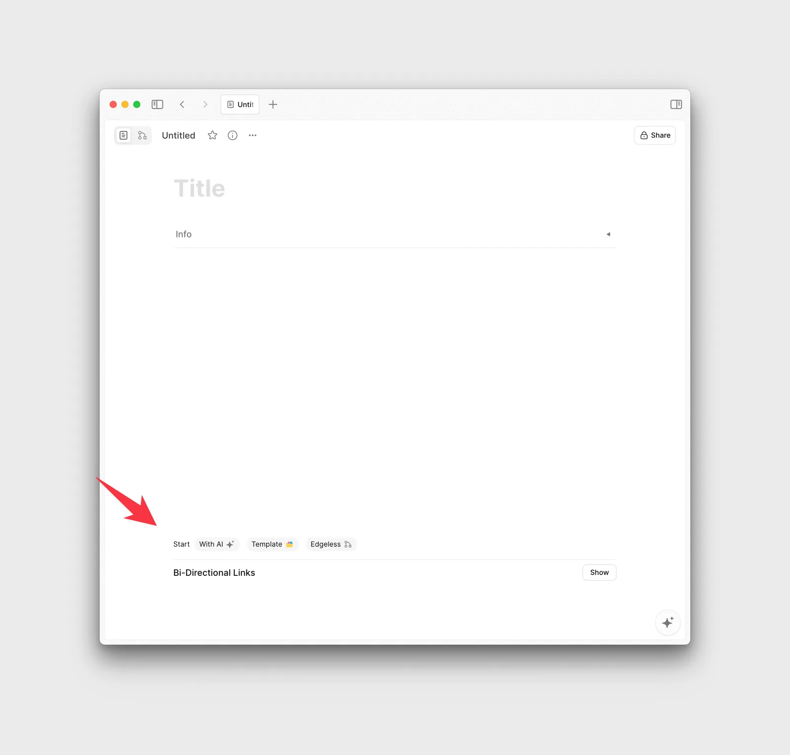 New document screen in the AFFiNE desktop app showing the Start with AI, Template, and Edgeless entry points