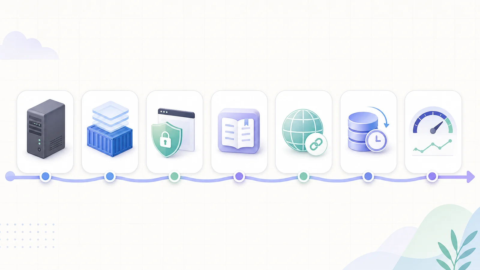 Seven-stage self-hosted knowledge base deployment workflow from Linux server and containers through HTTPS, application setup, DNS, backups, and performance testing