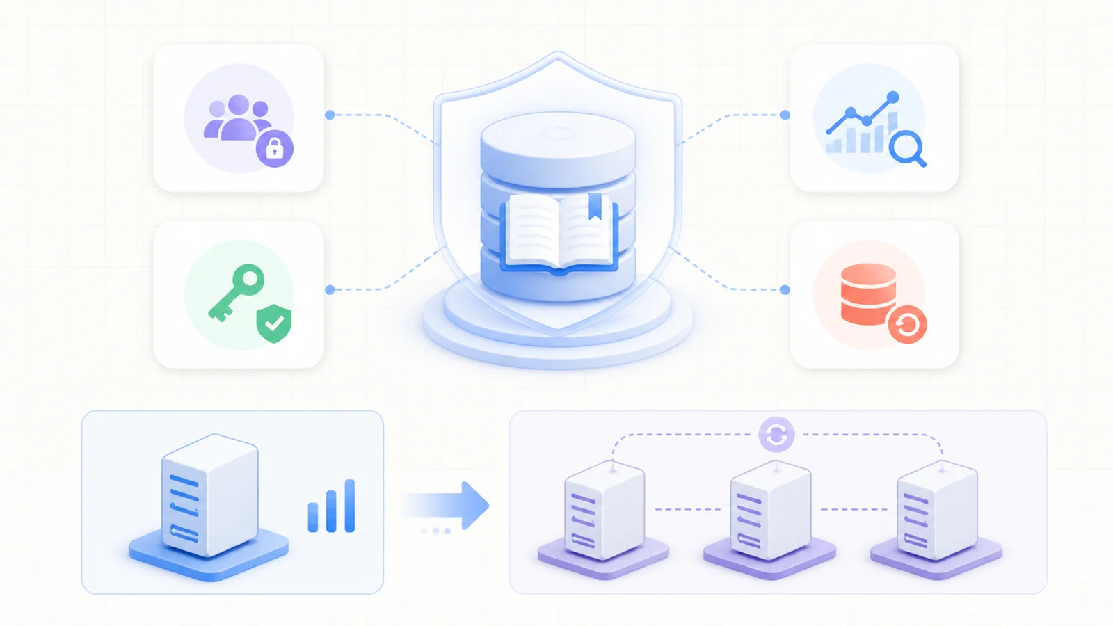 Secure and scalable knowledge base operations combining access control, encryption, monitoring, backup, vertical scaling, and synchronized regional servers
