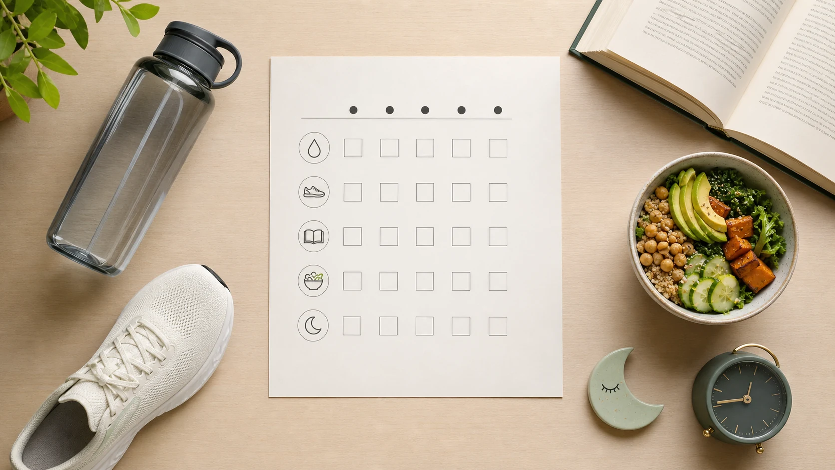 Five visual habit cues for the 75 Soft Challenge: hydration, movement, reading, balanced meals, and sleep