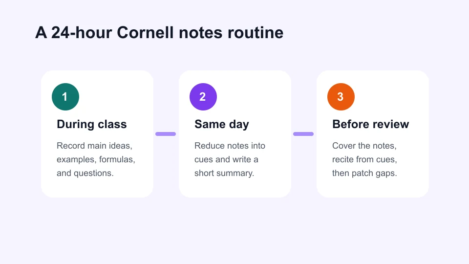 Spaced repetition study routine showing Day 0, Day 1, Day 3, Day 7, and final review checkpoints