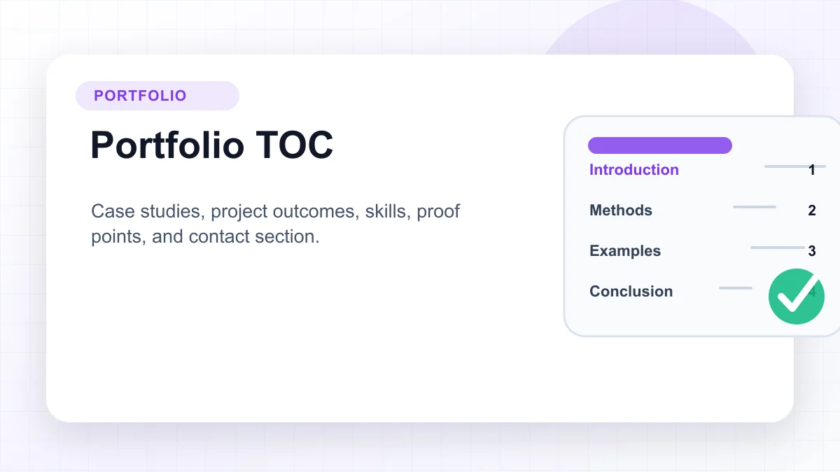 Portfolio table of contents example with case studies, outcomes, skills, and contact sections