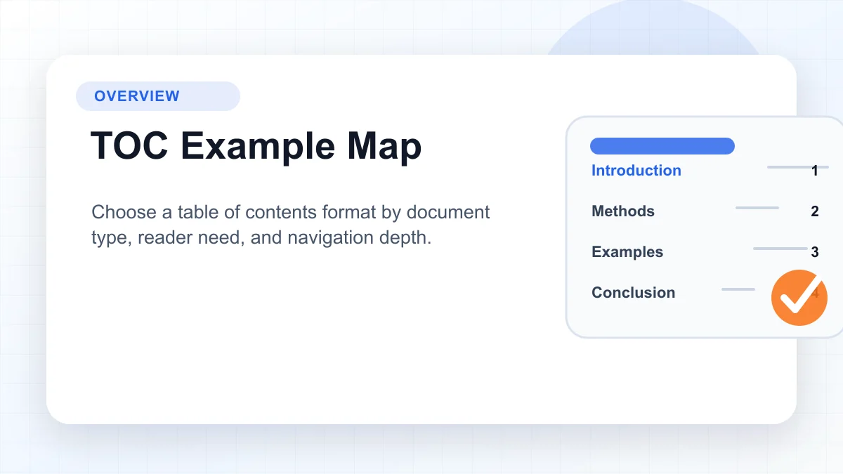 Table of contents example map comparing academic, report, book, portfolio, manual, Word, and AFFiNE formats