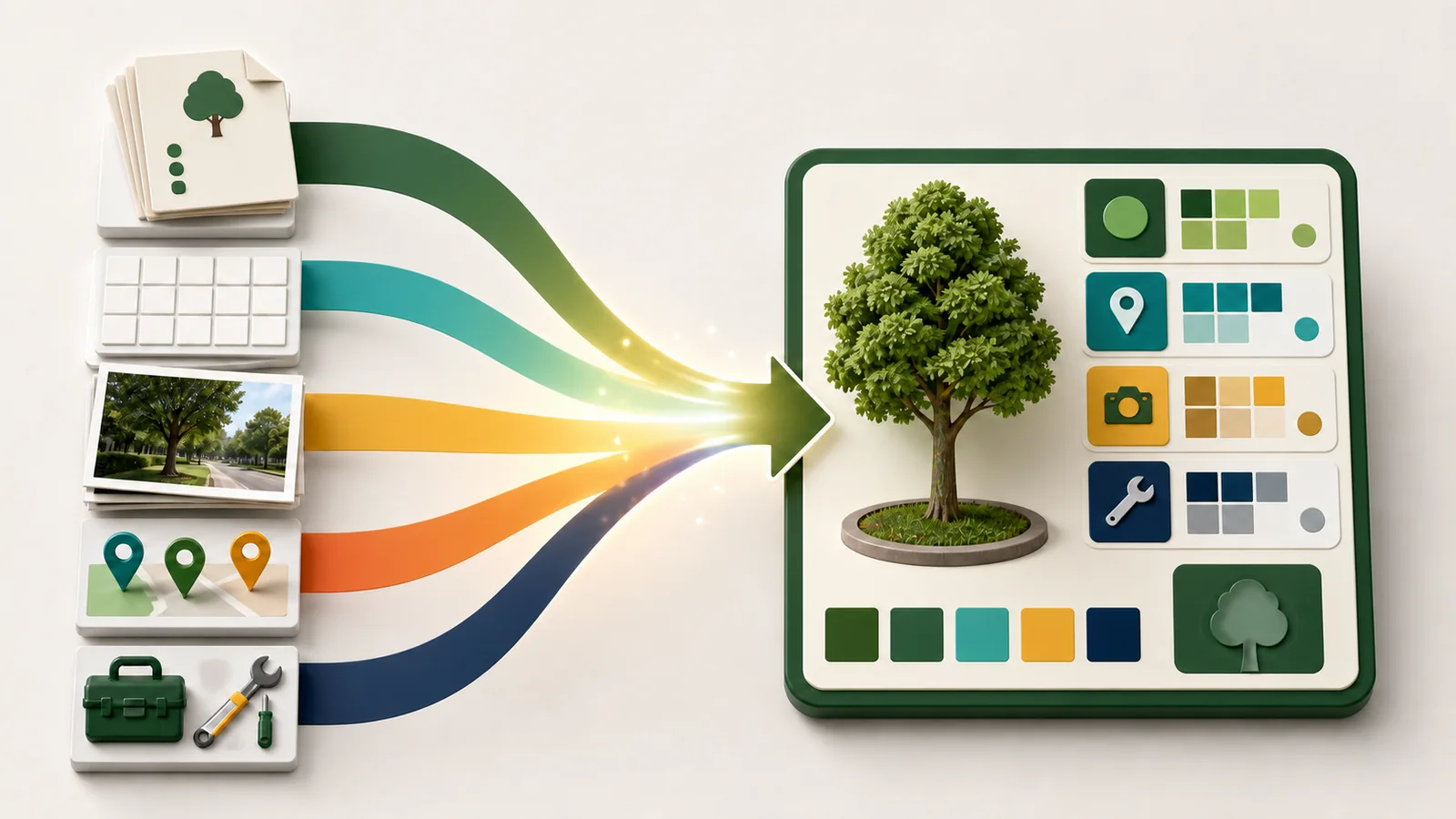 Paper records, spreadsheets, field photos, and maps converging into one structured tree inventory