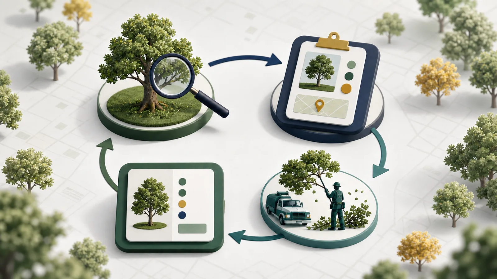 Tree inspection flowing into a work order, crew completion update, and refreshed maintenance history