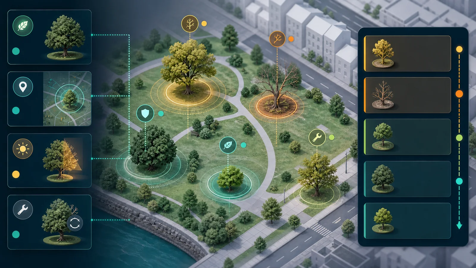 Tree condition, location, exposure, and maintenance urgency combining into a prioritized work queue