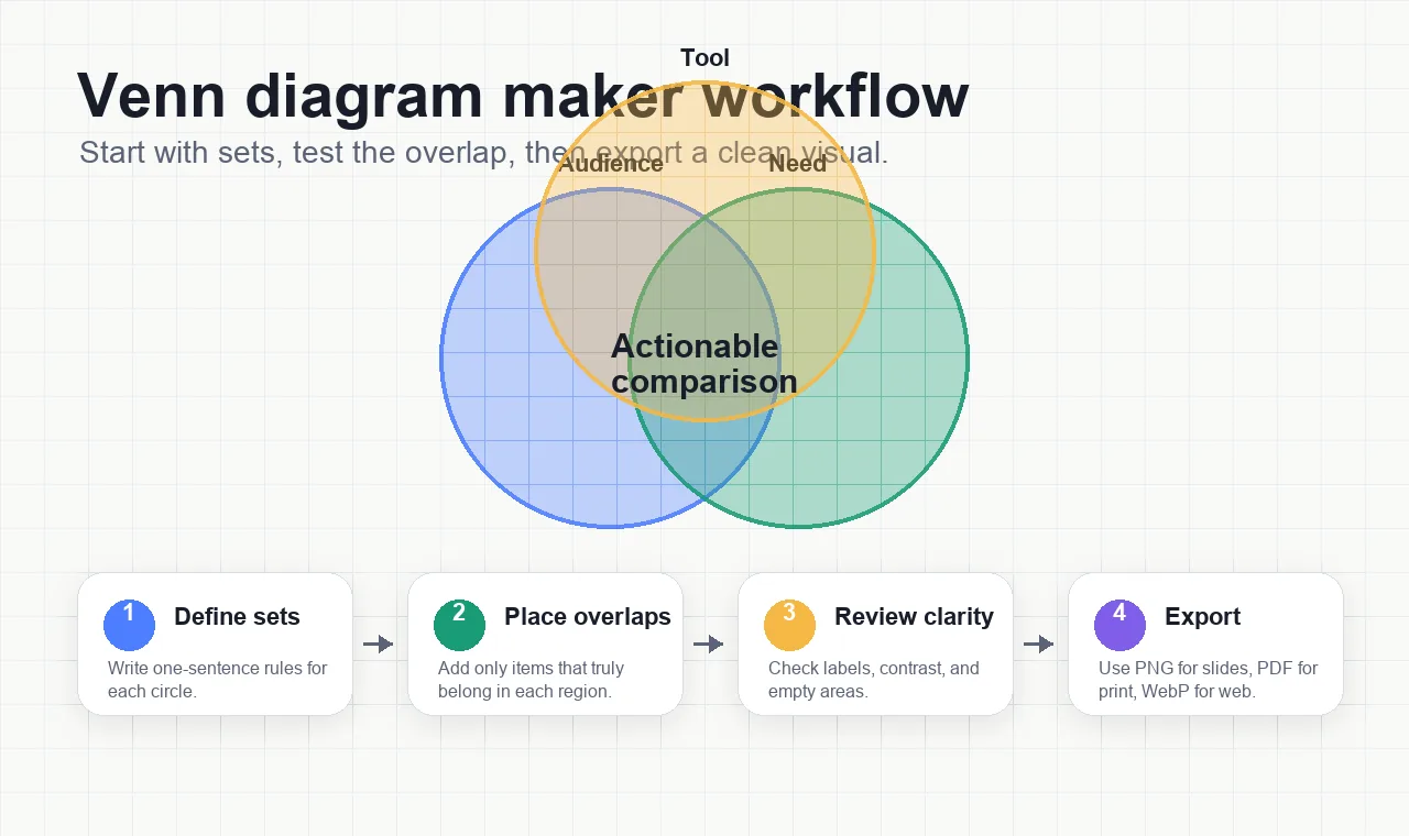 Venn diagram maker workflow showing set definition, overlap placement, clarity review, and export steps