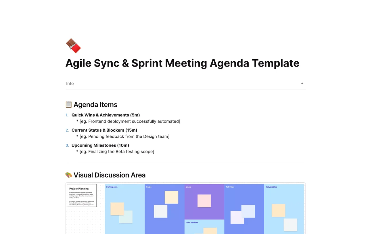 Agile sync and sprint meeting agenda template showing structured sections for daily stand-ups, retrospective points, and action items for agile teams