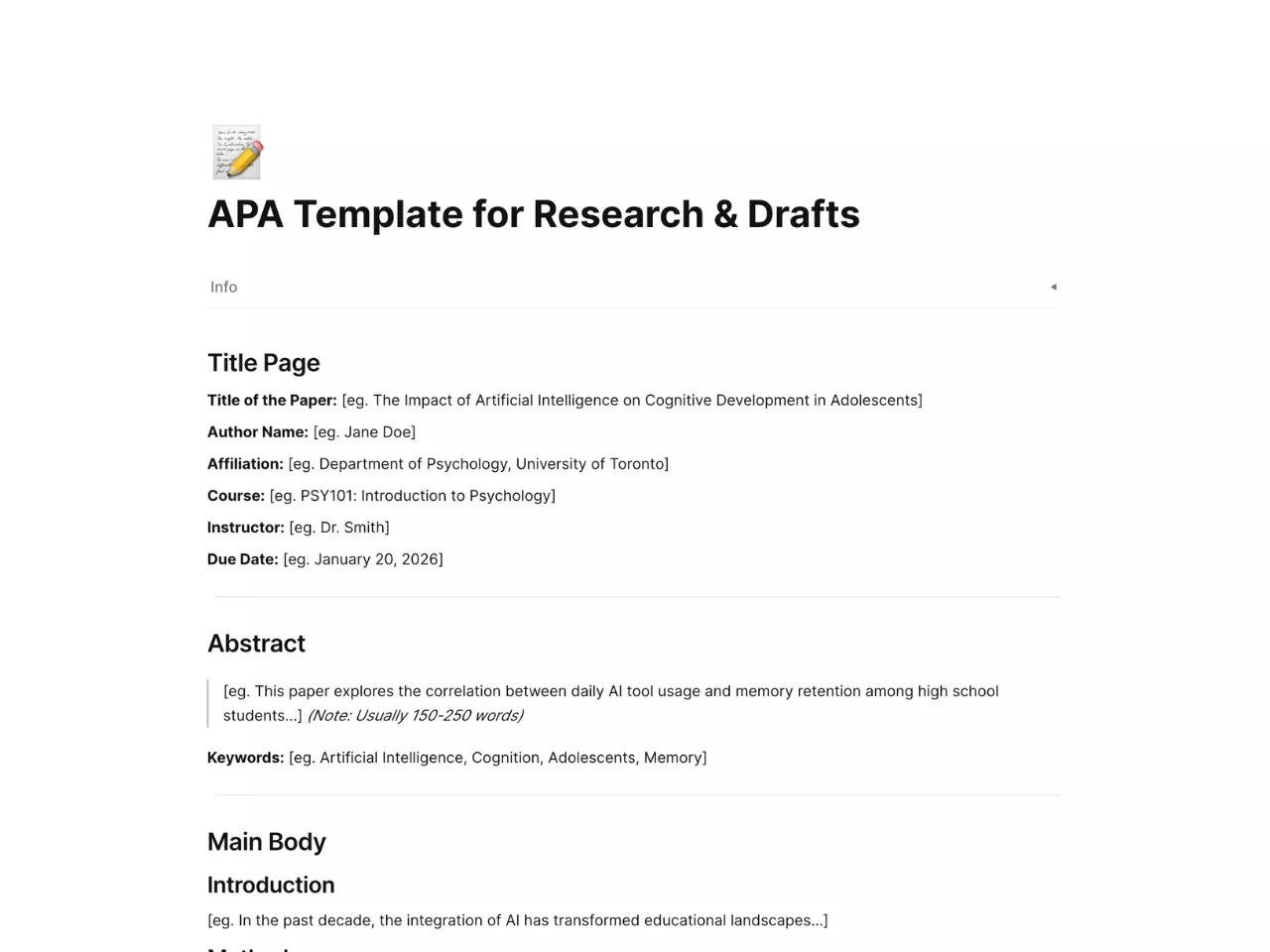 Structured APA style template featuring sections for title page, abstract, citations, and reference management for efficient academic writing