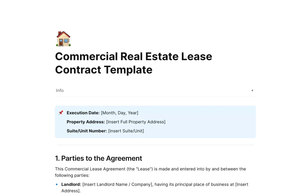 A professional commercial lease agreement layout in AFFiNE, showing editable sections for premises description, rent escalation, and maintenance responsibilities.