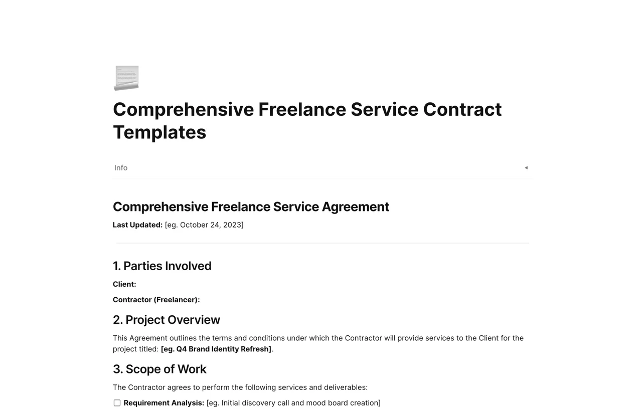 A professional freelance service contract layout in AFFiNE featuring sections for scope of work, payment schedules, and digital signature blocks.