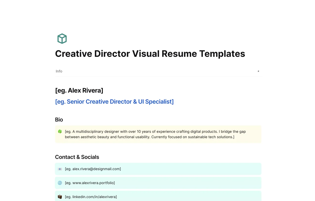 Modern and minimalist Creative Director visual resume layout featuring sections for brand strategy, art direction portfolio, and leadership achievements.