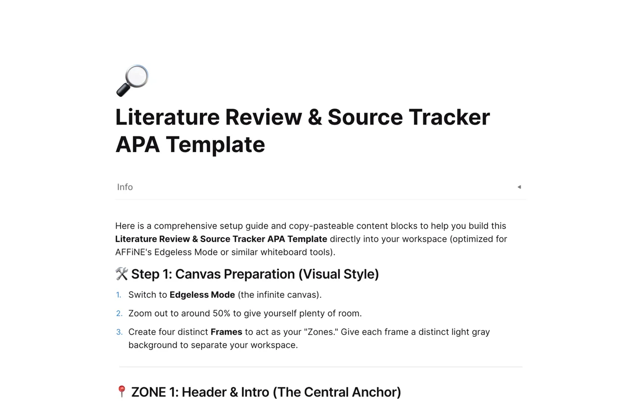 A professional APA-style literature review database in AFFiNE featuring source tracking, citation management, and research synthesis columns.