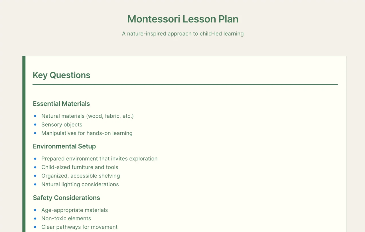 Comprehensive Montessori lesson plan template with structured sections for materials, objectives, preparation, and presentation following the Montessori educational philosophy