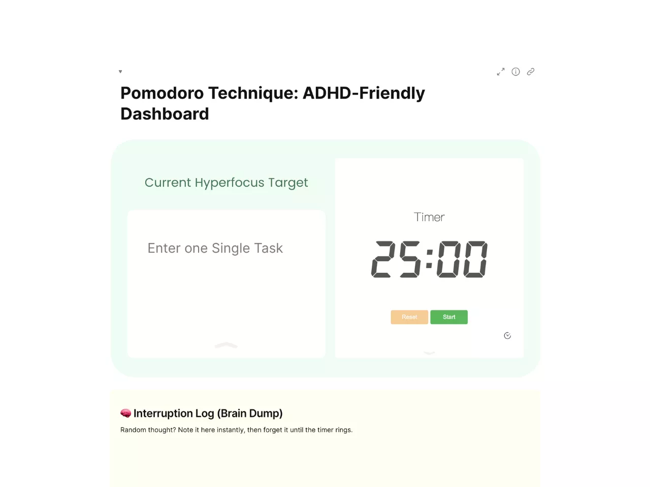 A visual Pomodoro Technique dashboard designed for ADHD minds, featuring clear task blocks, timer tracking sections, and reward zones for better focus