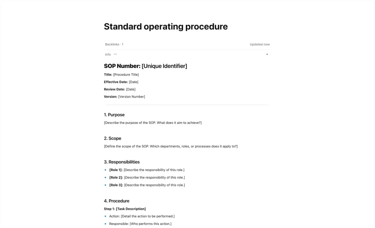 Fully customizable standard operating procedure SOP template layout showing step-by-step process documentation and workflow management