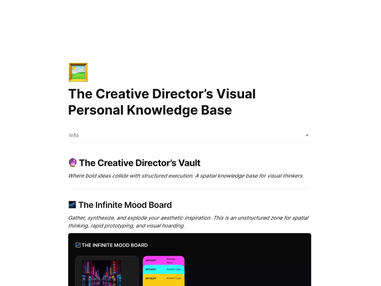 A highly visual personal knowledge base template in AFFiNE designed for creative directors, featuring integrated mood boards, strategic planning structures, and centralized design assets.