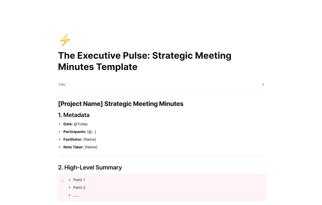 A structured strategic meeting minutes template featuring sections for executive summaries, key decisions, and action item tracking
