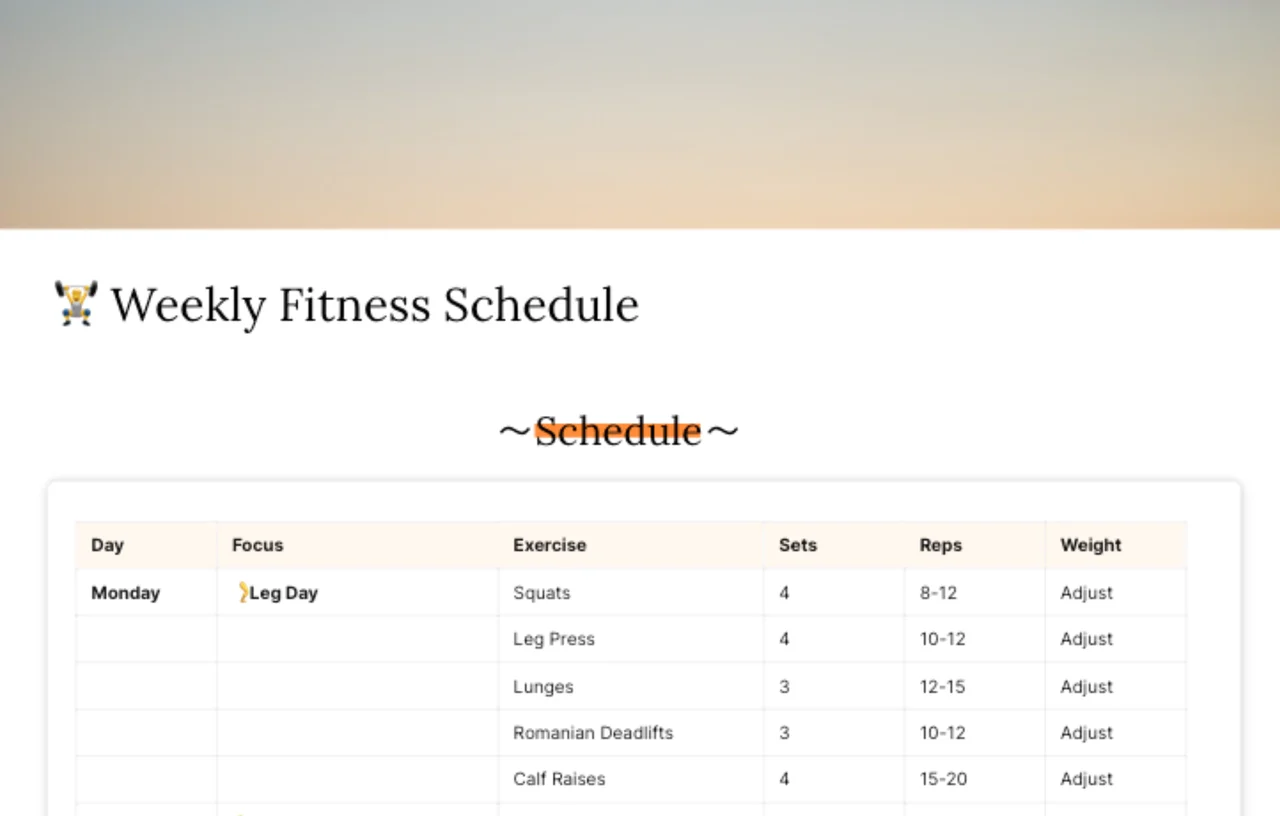 Weekly fitness schedule template displaying organized workout planner with exercise routines, rest days, and fitness goal tracking sections for a comprehensive health and wellness plan