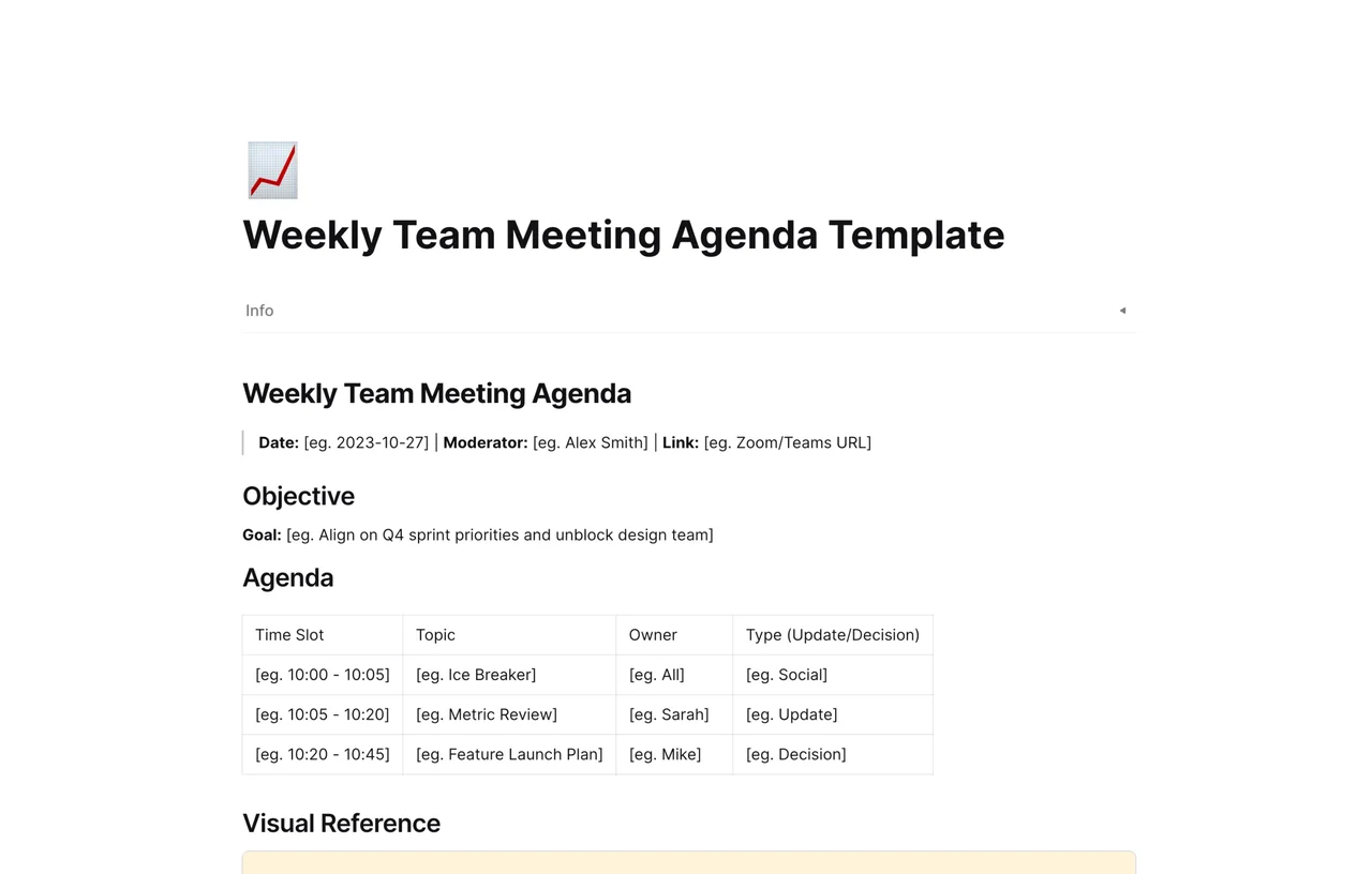 AFFiNE Weekly Team Meeting Agenda template featuring collaborative blocks for OKR tracking, action items, and brainstorm sections.